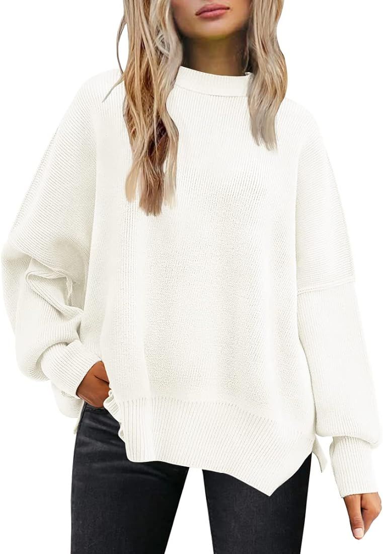 Women's Crewneck Batwing Long Sleeve Sweater 2023 Fall Oversized Ribbed Knit Side Slit Pullover Top | Amazon (US)