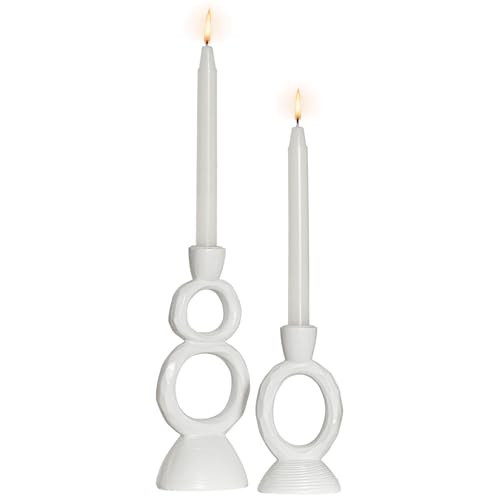White Taper Candle Holders for Candlesticks, Unique Decorative Candlesticks Holder Home Decor Set of 2 for Fall Thanksgiving Wedding Table Centerpiece Decorations, Modern Aesthetic Room Decor（Resin） | Amazon (US)