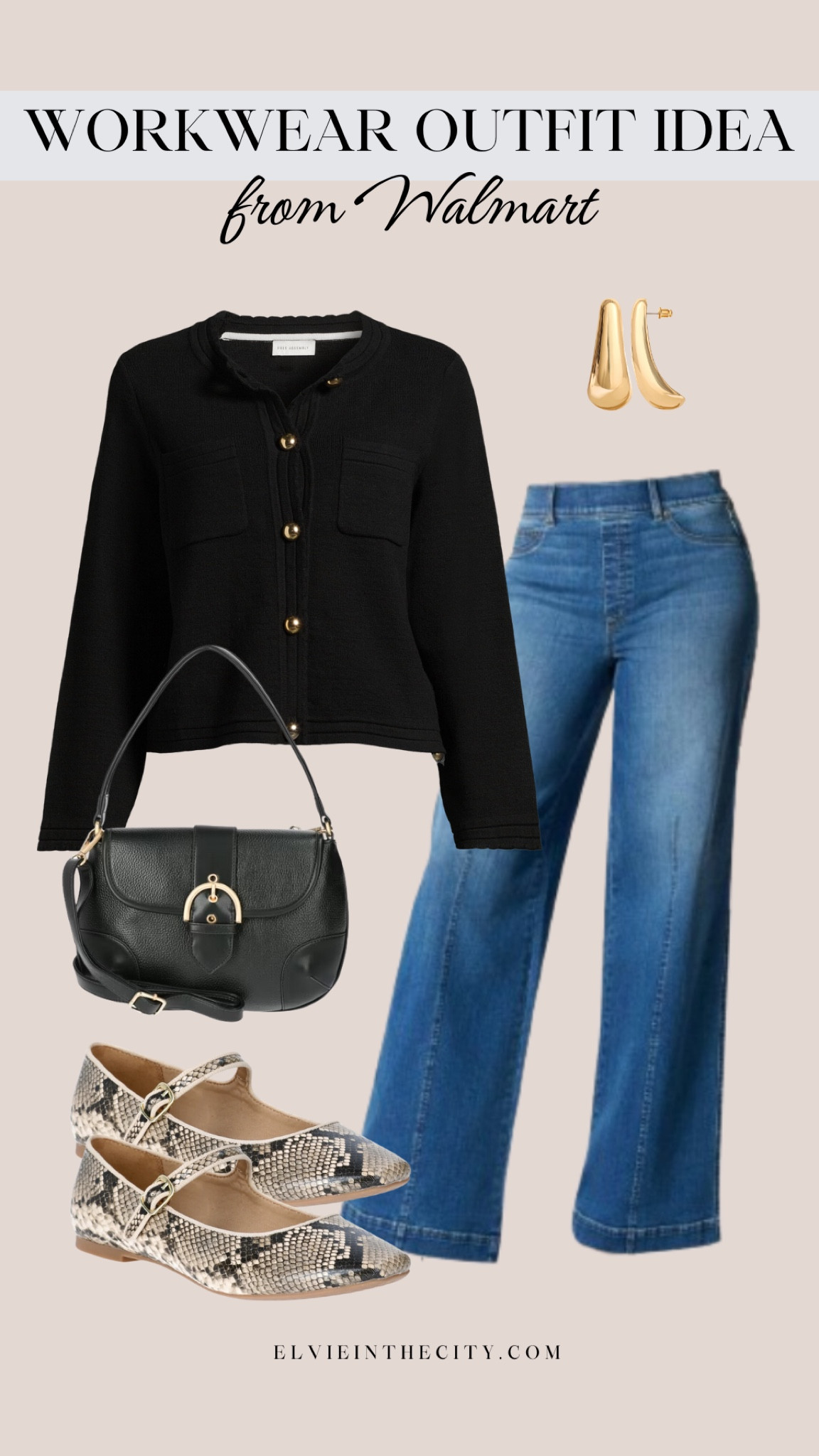 This fall workwear outfit idea from Walmart includes a black cardigan sweater paired with wide-leg jeans, a shoulder bag, snakeskin ballet flats, and gold earrings. 
#walmartpartner
#walmartfashion
@Walmartfashion
@walmart


Ootd, workwear, teacher outfit, office outfit, fall outfit idea, fashion over 40

#LTKStyleTip #LTKFindsUnder50 #LTKWorkwear