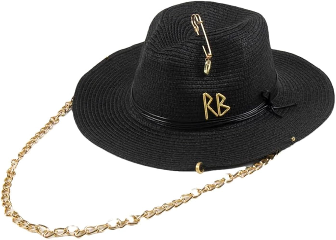 Women Summer Luxury Chain Straw Fedora Hats Wide Brim Beach Hats Protection Foldable Sun Hats | Amazon (US)