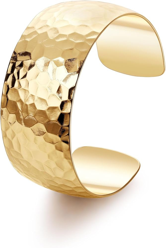 18K Gold Plated Cuff Bracelets for Women Open Adjustable Gold Cuff Bangle Bracelets Thick Hammere... | Amazon (US)