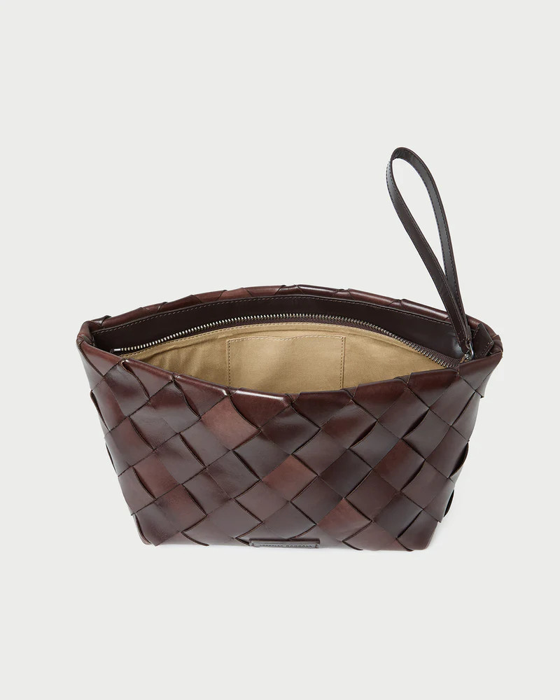 Melina Chocolate Woven Leather Clutch | Loeffler Randall