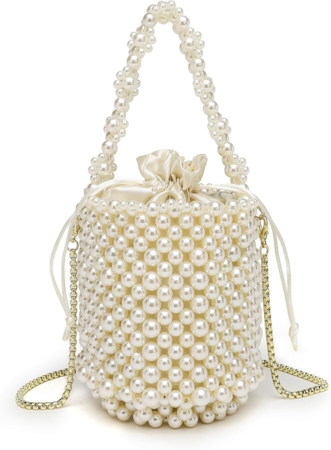 White Beaded Crystal Pearl Bucket Handbag for Women, Small Tube Top Handle Clutch Purse Evening B... | Amazon (UK)