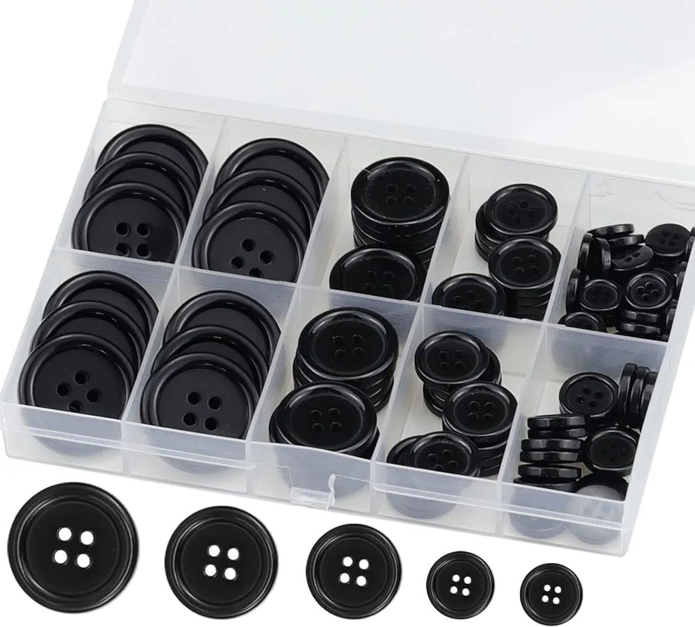 Premium 100 Pcs Resin Sewing Buttons, Eco-Friendly 4-Hole Craft Buttons, 5 Sizes of Black Round M... | Amazon (US)