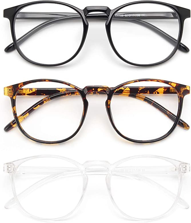IBOANN 3 Pack Blue Light Blocking Glasses Women/Men, Round Fashion Retro Frame, Vintage Fake Eyeglas | Amazon (US)
