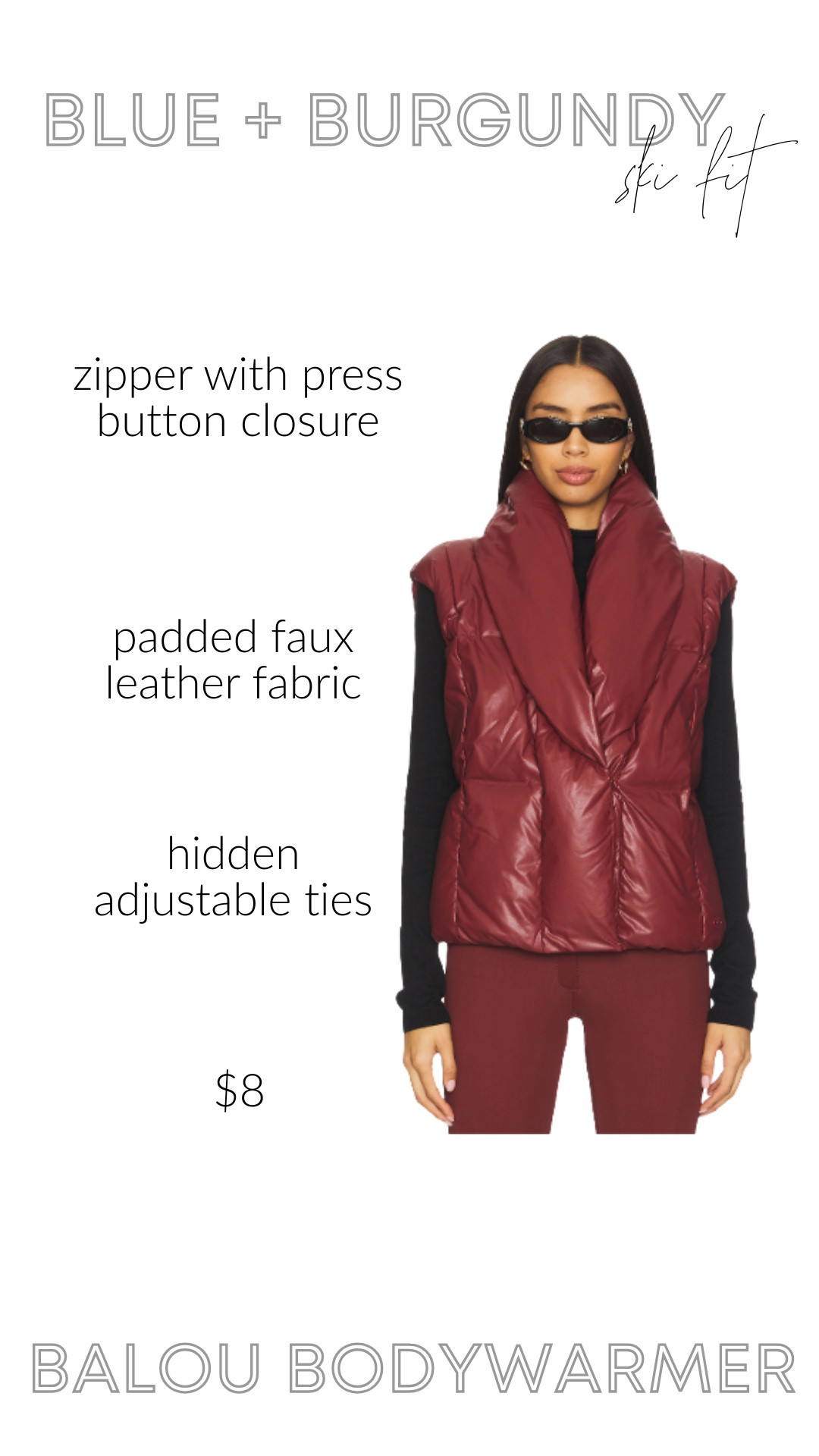 If you’re updating your winter capsule, this bodywarmer is everything — sleek burgundy, padded faux leather finish, and a silhouette that elevates any layering moment.
Think: city streets after the slopes, layered over a turtleneck or styled with your baby-blue ski ensemble from earlier.
High-quality fill, bold colour, and major “investment piece” energy that will serve your wardrobe for seasons to come.
Shop the full look on LTK ✨
#LTKski #LTKwinter

#LTKSeasonal #LTKActive