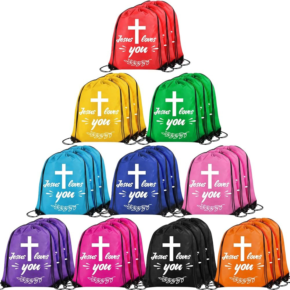 30 Pieces Jesus Loves You Drawstring Backpack Bulk Vacation Bible School Backpack Christian Relig... | Amazon (US)