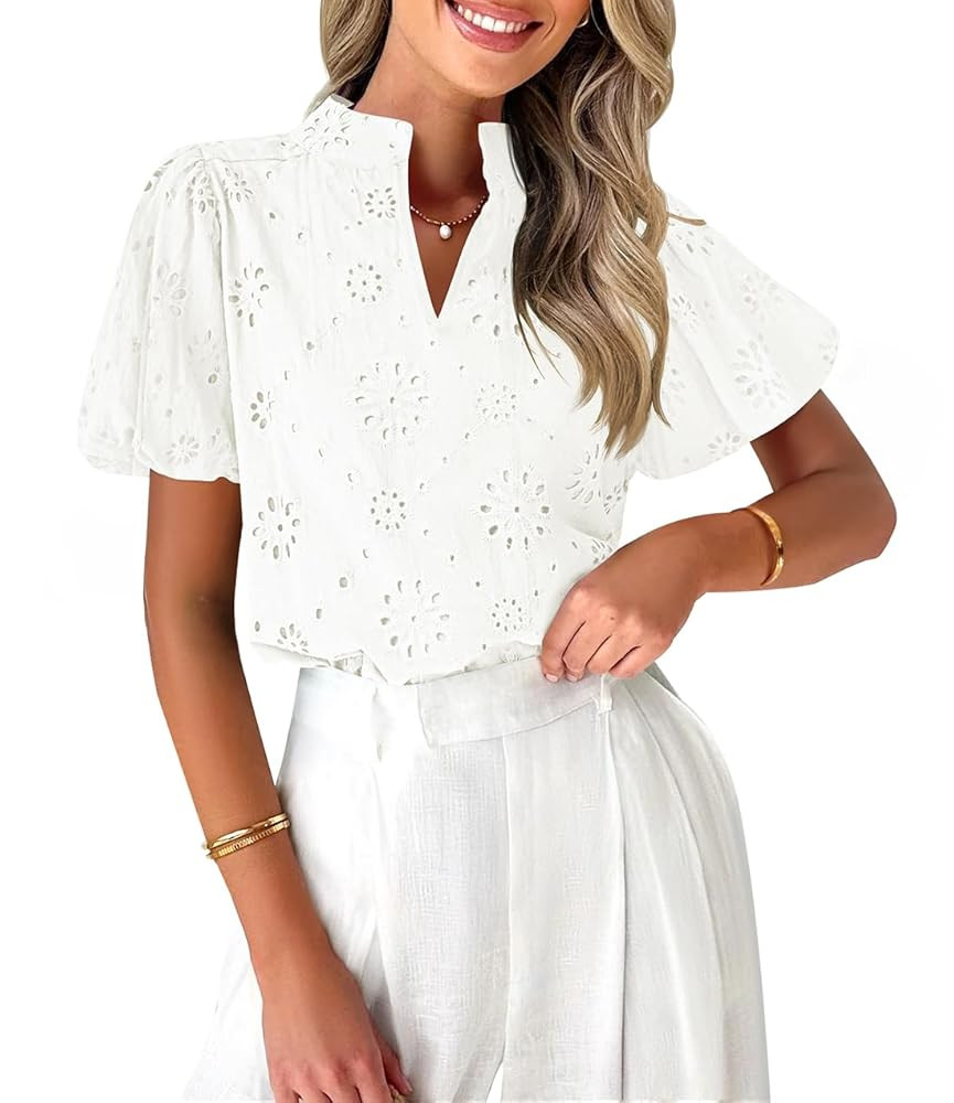 ZESICA Women's Summer Short Puff Sleeve Shirts 2025 V Neck Casual Hollow Out Lace Embroidered Blo... | Amazon (US)