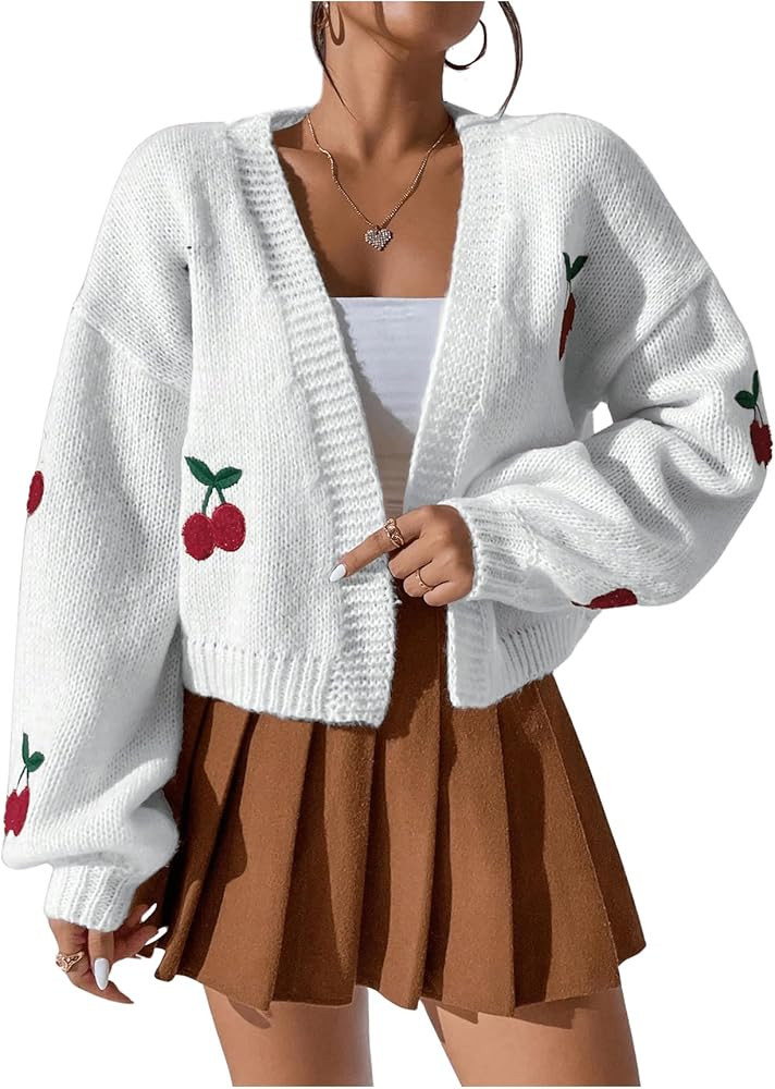 GORGLITTER Women's Graphic Cherry Cardigan Open Front Cable Knit Lantern Sleeve Cropped Cardigan ... | Amazon (US)