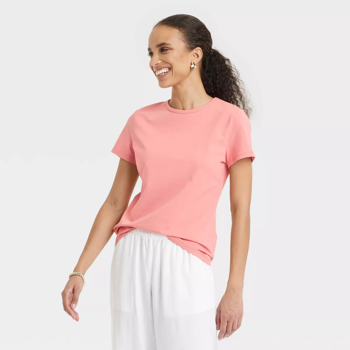 Women's Short Sleeve T-Shirt - A New Day™ Coral XS: Cotton Spandex Blend, Crew Neck, Jersey Fab... | Target