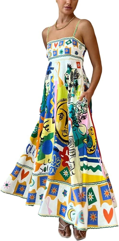 Women Y2k Graphic Midi Dress Cute A Line Graffiti Print Long Cami Dress Flowy Ruffle Sundress Vin... | Amazon (US)