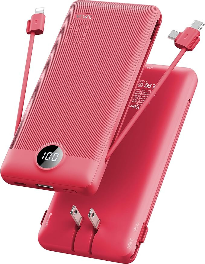 VRURC Portable Charger Built-in Cables and AC Wall Plug, USB C Power Bank 10000mAh, [2023 Upgrade... | Amazon (US)