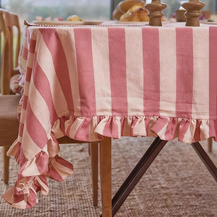 JarThenaAMCS Ruffle Tablecloth Cotton Table Cloth Boho Pink Beige Striped Decorative Rectangle Ta... | Amazon (US)