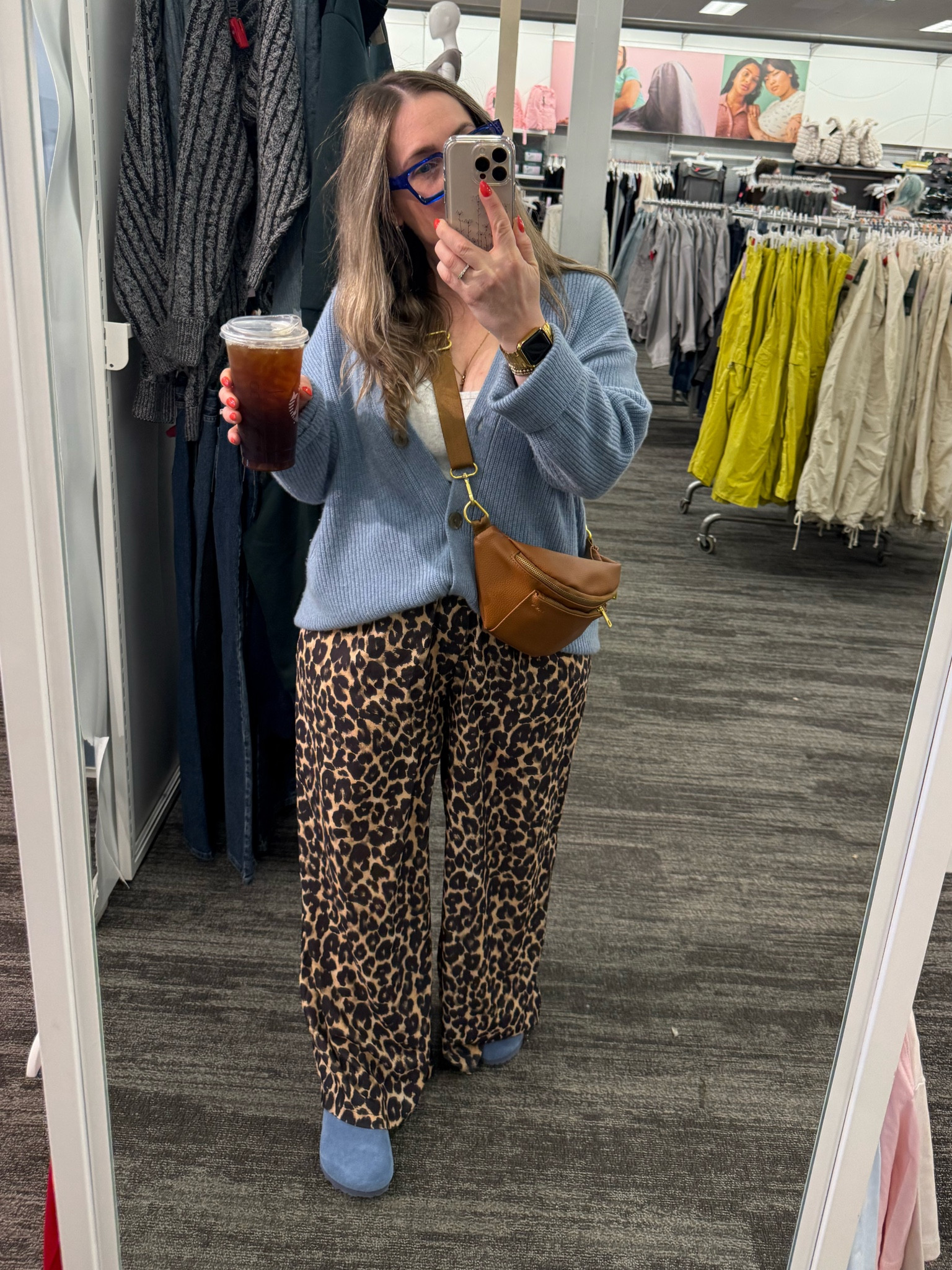 Leopard wide leg pants and soft blue oversized sweater 