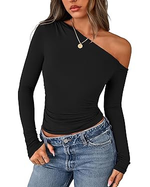 PRETTYGARDEN Womens Off Shoulder Long Sleeve Shirts 2025 Fall Ruched Fitted Asymmetrical Going Ou... | Amazon (US)