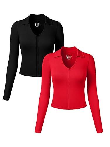 OQQ Womens 2 Piece Long Sleeve Shirts Zipper Fashion Sexy Basic Tops Fitted Tee Shirts Black Red | Amazon (US)