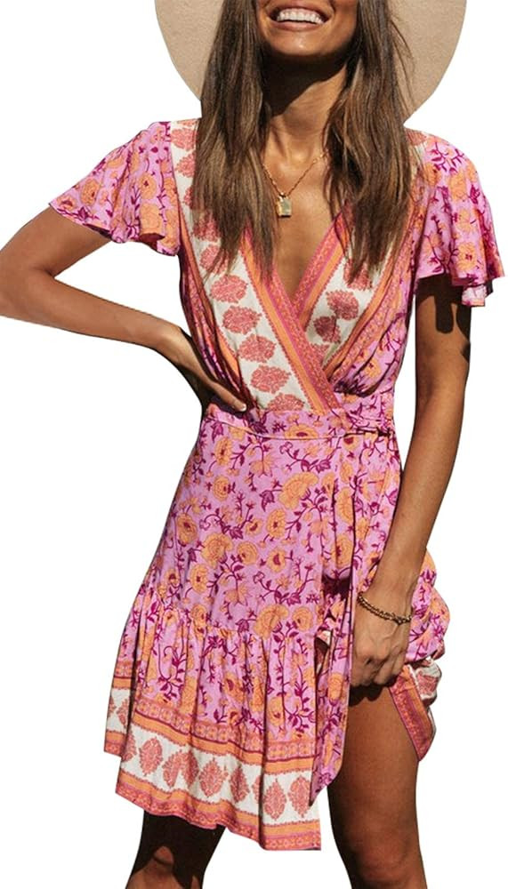 ZESICA Women's Summer Wrap V Neck Bohemian Floral Print Ruffle Swing A Line Beach Mini Dress | Amazon (US)