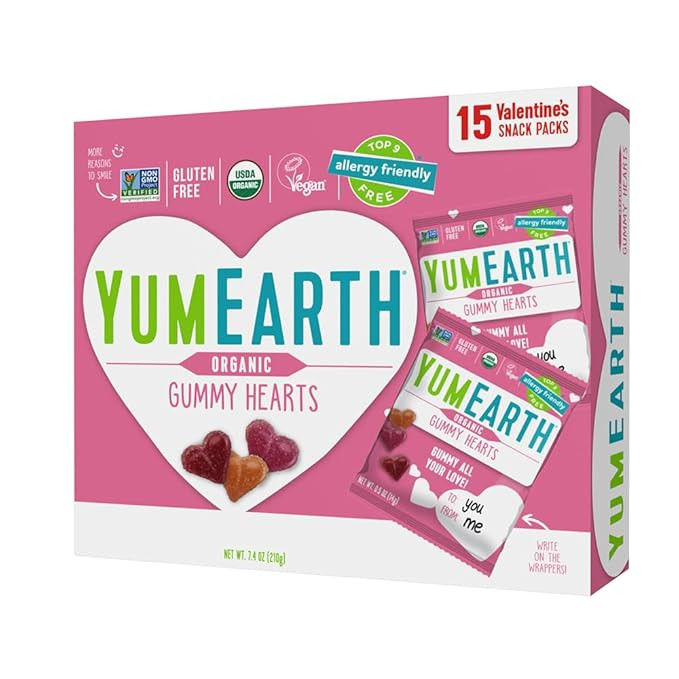 YumEarth Organic Valentine Sugarcoated Gummy Fruit Hearts - Fruity Candy, Gluten Free Snacks for ... | Amazon (US)