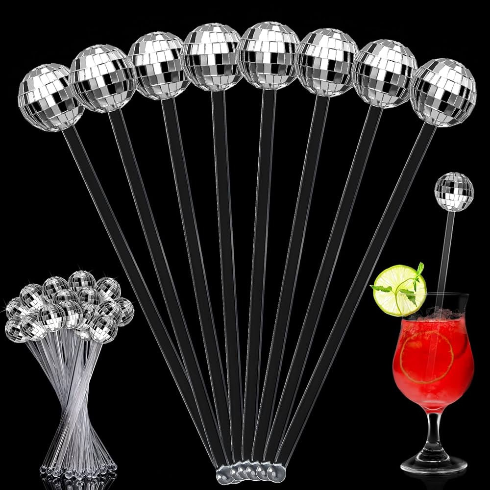 48 Pcs Mirror Disco Ball Stirrers Cocktail Disco Decorative Straws Plastic Round Top Swizzle Stic... | Amazon (US)