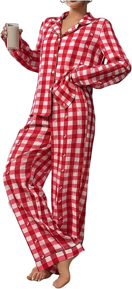 MakeMeChic Women's 2 Piece Pajama Sets Gingham Bow Knot Long Sleeve Button Down Shirt and Pants S... | Amazon (US)