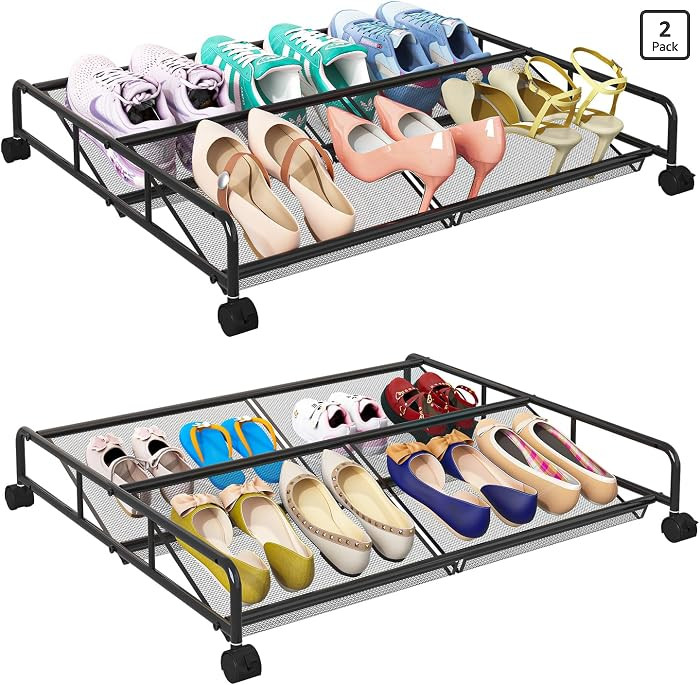 Under Bed Shoe Storage Organizer, 2 Pack Metal Mesh Under Bed Storage Containers with Wheels, Sho... | Amazon (US)