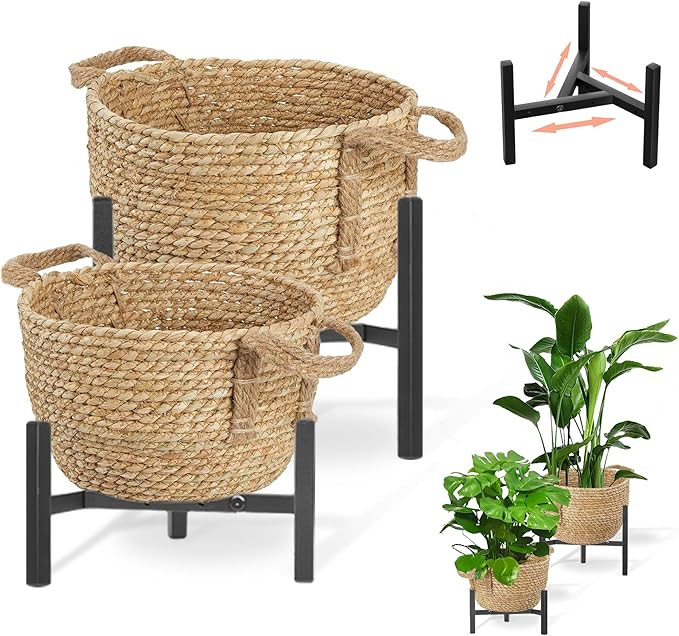 Boho Rattan Woven Stand Planter for Indoor Plant, Outdoor Tall Flower Seagrass Wicker Basket Pot ... | Amazon (US)
