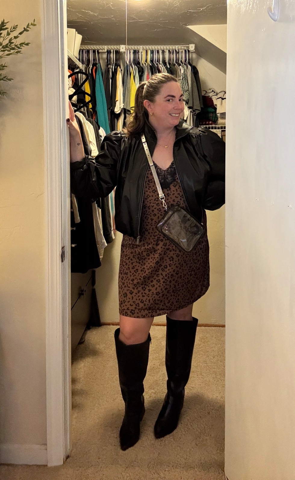 Please Please Please” let me wear this again 🎤✨ Option one for my Sabrina Carpenter moment 

Concert fit, leopard dress, leather jacket, wide calf boots 

#LTKMidsize #LTKFindsUnder100 #LTKOver40