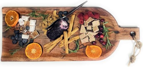 Acacia Charcuterie Board with Drip Edge & Handle - Wood Cheese Board - Decorative Wooden Serving & Cutting Board - Housewarming, Mothers Day, New Home & Wedding Gifts (20” x 8”) | Amazon (US)