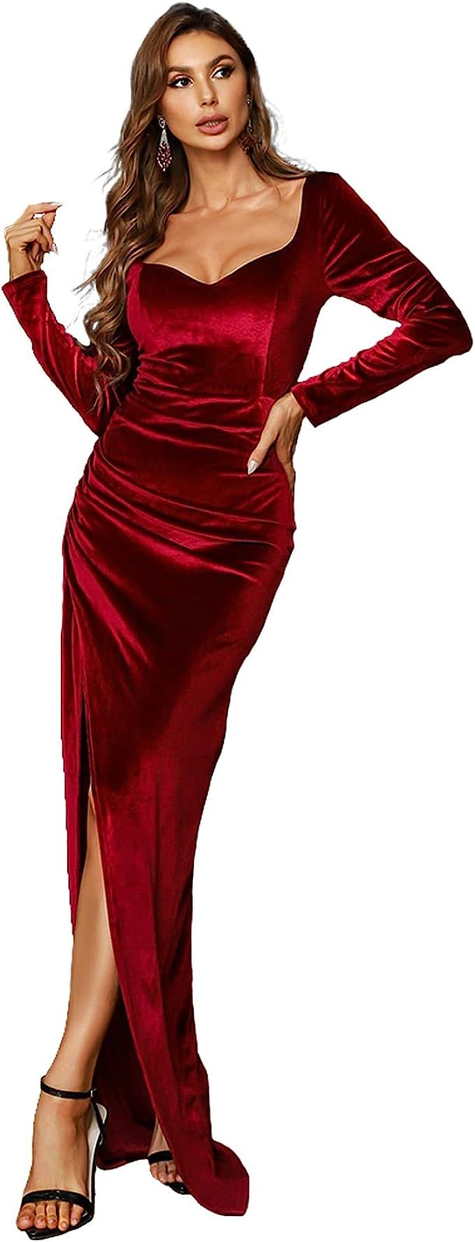 Miss ord Women's Formal Sweetheart Neck Retro Velvet Evening Maxi Dress, Long Sleeve High Split P... | Amazon (US)