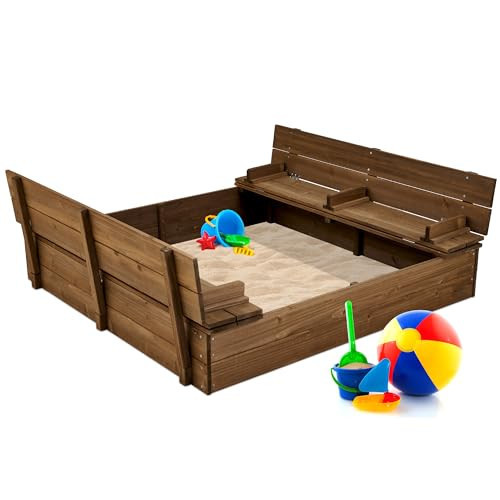 Best Choice Products Large Outdoor Wooden Sand Box for Kids, Sandbox with Cover, Bench Seats Support up to 220 lbs, Bottom Liner for Drainage, Cedar Wood - Walnut | Amazon (US)