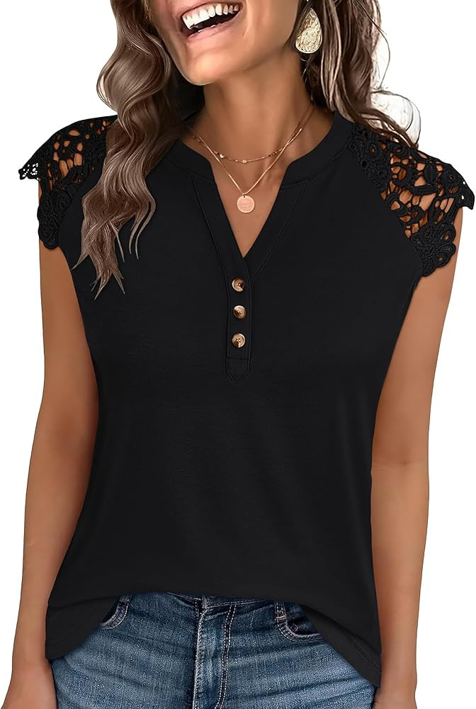 ANRABESS Womens Tops Dressy Casual Lace Cap Sleeve Henley Shirts Summer Sleeveless Button Down Bl... | Amazon (US)