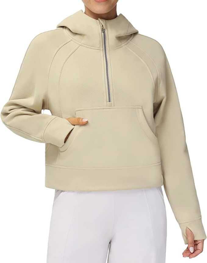 Origiwish Women's Hoodies Fleece Lined Half Zip Pullover Sweatshirt Long Sleeve Crop Tops with Po... | Amazon (US)