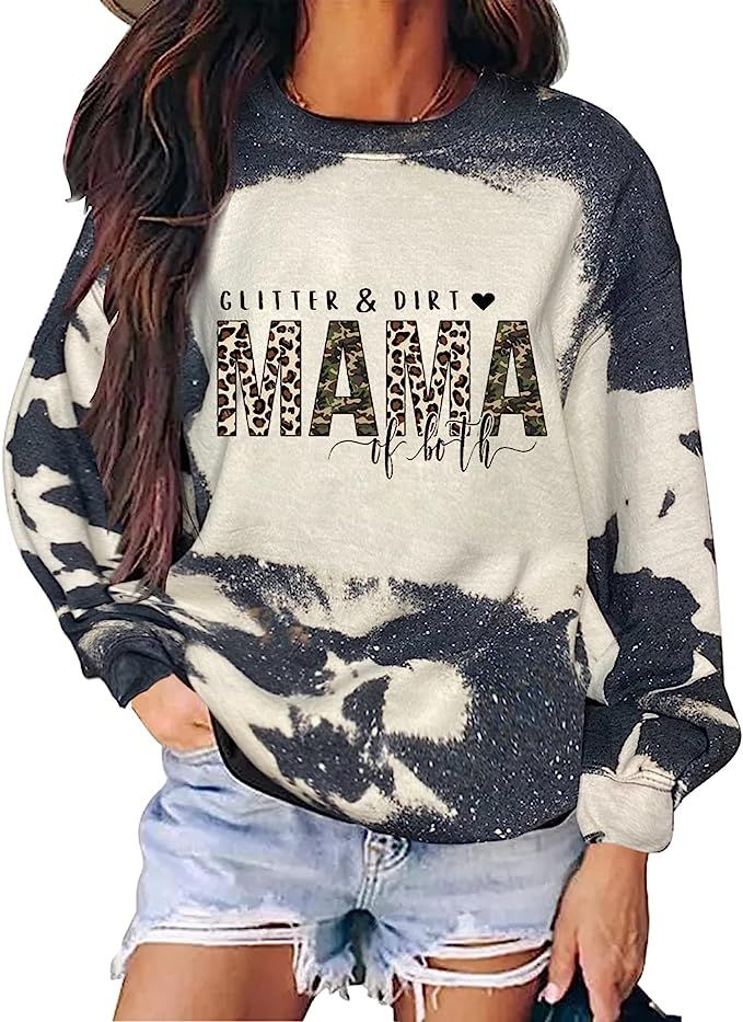 Glitter Dirt Mama Of Both Funny Mom Sweatshirt Vintage Leopard Bleached Graphic Sweatshirt Mama F... | Amazon (US)