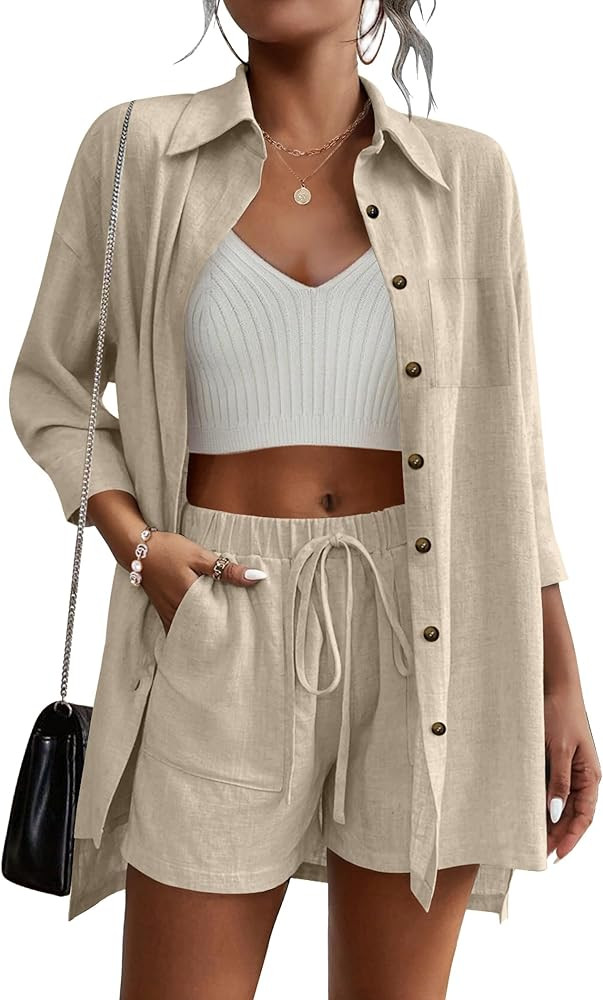 Beyove Women's Cotton Linen Set Casual Tracksuit Button Down 3/4 Sleeve Shirt Drawstring Shorts P... | Amazon (US)
