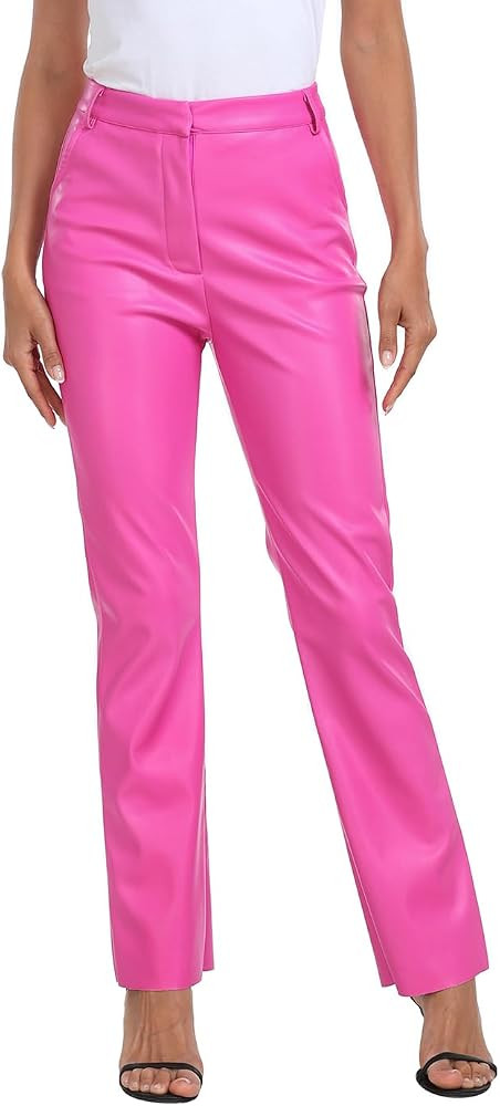 HDE Womens Faux Leather Pants High Waisted Straight Leg Trousers w/Pockets | Amazon (US)