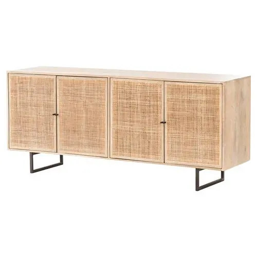 Emilie Coastal Beach 4 Door Natural Cane Mango Wood Metal Legs Sideboard | Kathy Kuo Home