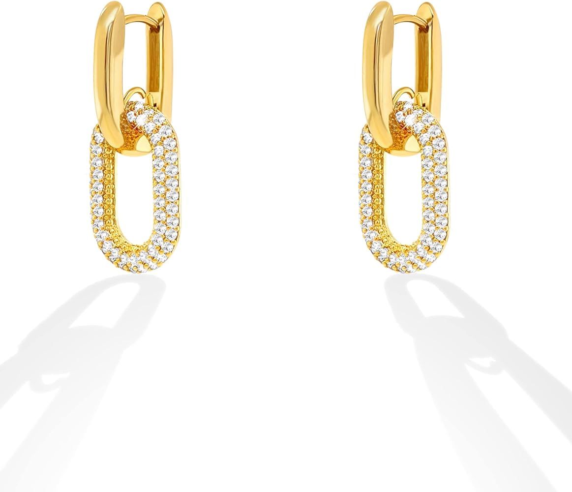 OZEL – CZ Chain Link Dangle Earrings for Women with Cubic Zirconia Stones – 14k Yellow Gold o... | Amazon (US)