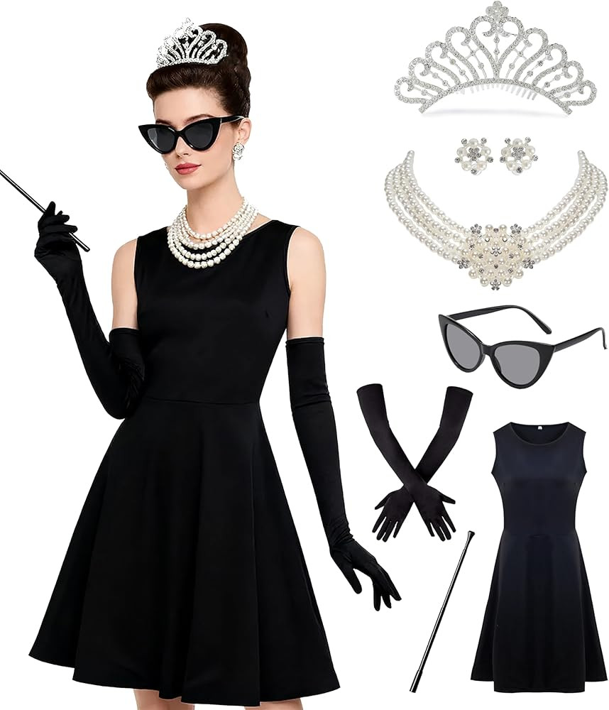 7 pcs 1920s Women's black dress with Pearl Necklace Earrings Gloves Sunglasses for Halloween Costume Cosplay Outfit | Amazon (US)
