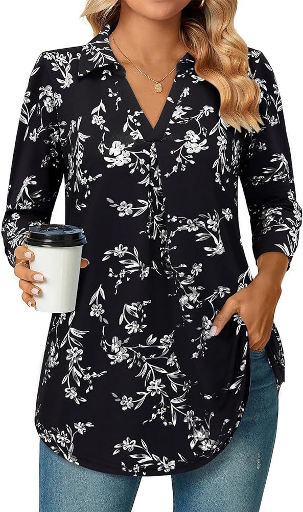 Bulotus Women's 3/4 Sleeve Tunic Shirts Business Casual Blouses V Neck Work Tops | Amazon (US)