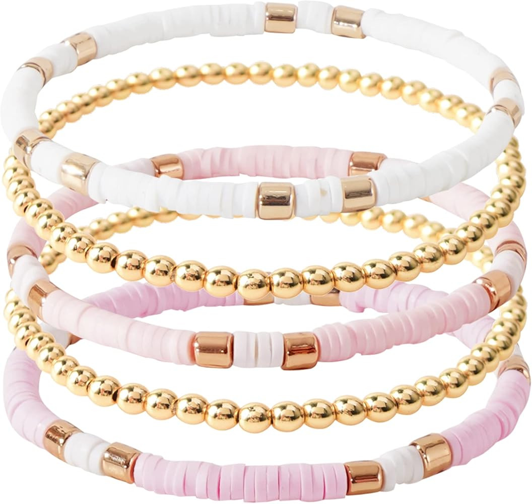 GOOJIDS Surfer Heishi Clay Bead Bracelets for Women Bohemian Stackable Gold Plated Beaded Stretch... | Amazon (US)