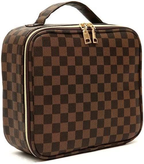 CHICREEN Brown Checkered Makeup Bag Cosmetic Bag Travel Makeup Bag with Adjustable Dividers Hand-... | Amazon (US)