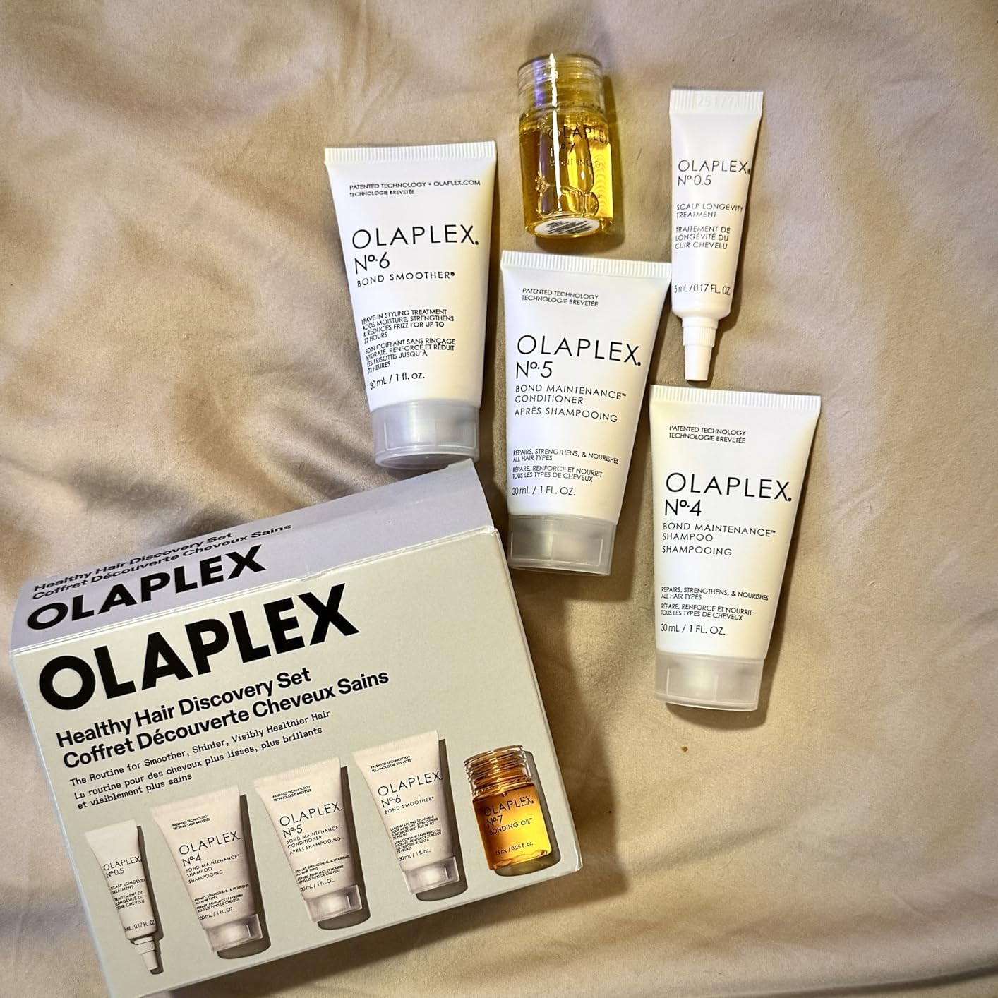 Amazon.com: Olaplex Healthy Hair Discovery Travel Set: N\u00ba. 4, 5, 0.5, 6, 7 Set | Cleanse, Hydrate, Reduce Breakage, and Boost Shine & Softness | For Coily, Curly, Straight, & Wavy : Everything Els | Amazon (US)