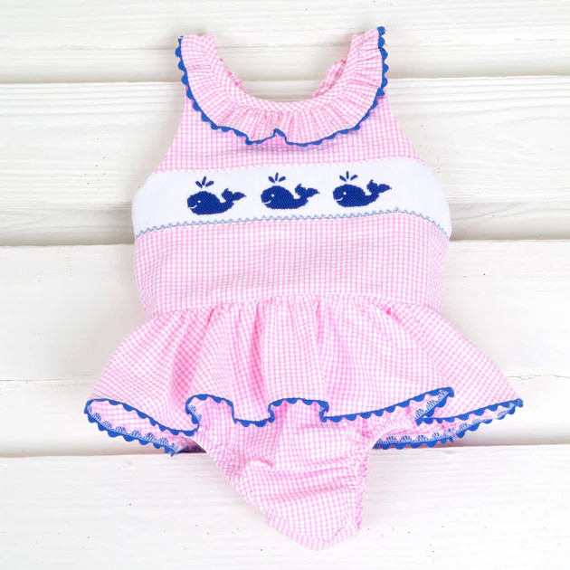 Pink Gingham Whale Smocked One Piece Swimsuit | Classic Whimsy