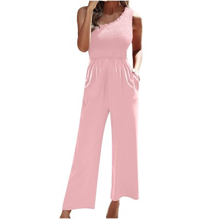 One Shoulder Jumpsuit for Women Sleeveless Smocked Wide Leg Long Pants Dressy Romper Vacation Outfit | Walmart (US)
