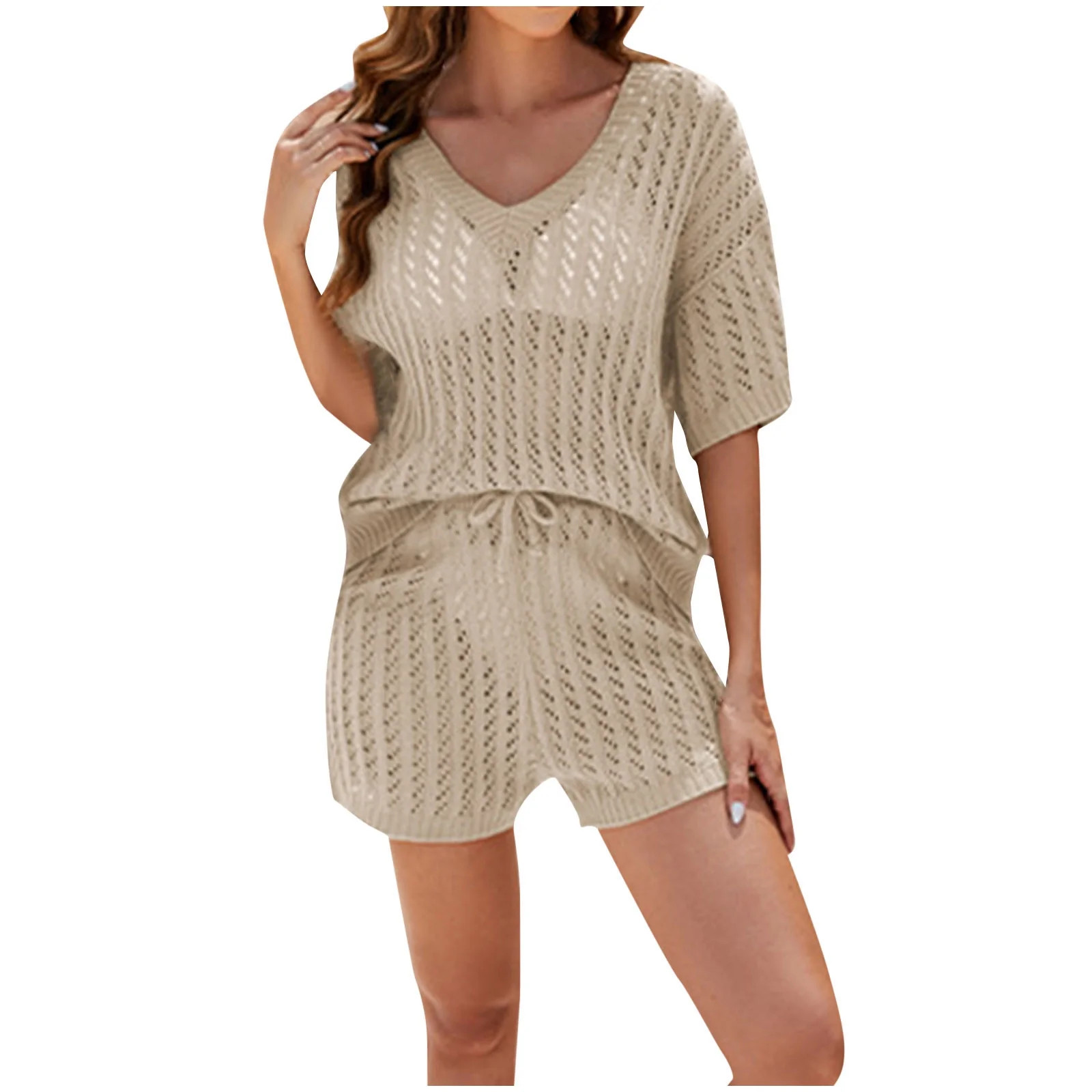 Two-Piece Cover-Up Sets for Women Knit Crochet Hollow Out Tops and Shorts Beach Wear Outfits Ladi... | Walmart (US)