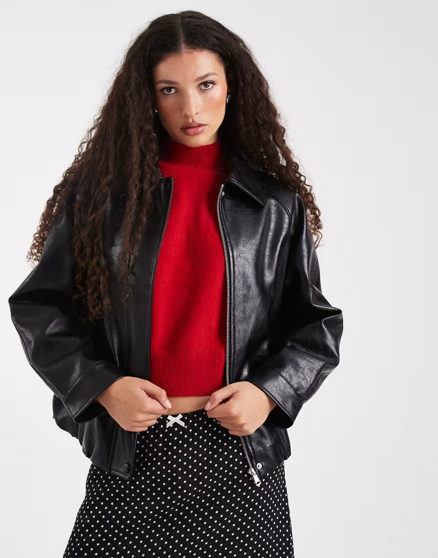 ASOS DESIGN leather look oversized bomber jacket in black | ASOS (Global)