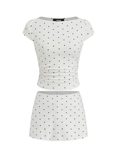 CIDER Womens Summer Outfits Polka Dot Ruched Tee Low Waist Mini Skort Boat Neck Set | Amazon (US)