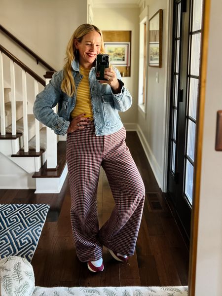 Outfit of the day - plaid trouser pants, denim utility jacket, stripe yellow tank, Nike air max pink sneakers 
❤️ Claire Lately 

#LTKstyletip #LTKshoecrush #LTKworkwear