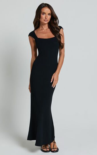 Cherell Midi Dress - Scoop Neck Cap Sleeve Tie Back Bodycon Dress in Black | Showpo (US, UK & Europe)