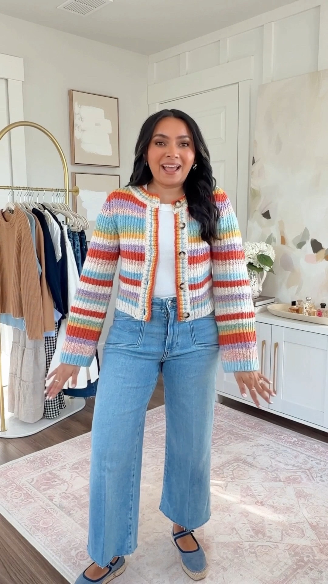 Multi color strip cardigan size xxs TTS - size up if you have a larger bust
denim blue mary jane espadrille shoes size 5-5.5 but found them to be small so would size up to the 6-6.5
Crop wide leg jeans in color vail size 26 petite TTS

#LTKPetite #LTKSpringSale #LTKSaleAlert